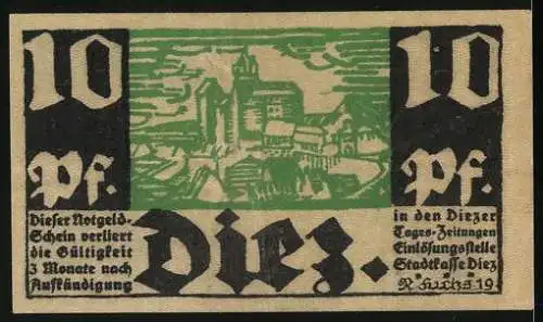 Notgeld Diez a. d. Lahn 1919, 10 Pfennig, Ortsansicht, Bildnis Gräfin Walburg von Epstein