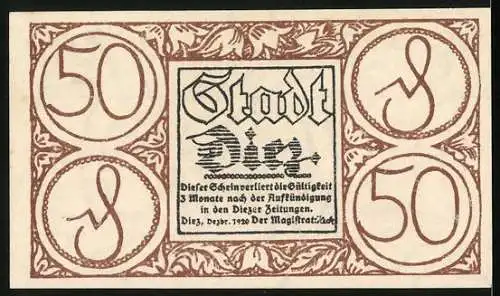 Notgeld Diez a. d. Lahn 1920, 50 Pfennig, Ortsansicht