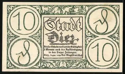 Notgeld Diez a. d. Lahn 1920, 10 Pfennig, Ortsansicht