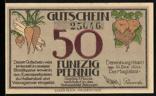 Notgeld Derenburg /Harz 1920, 50 Pfennig, Bauer bei der Feldarbeit, Wappen, Gutschein