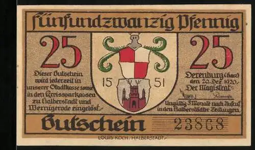 Notgeld Derenburg /Harz 1920, 25 Pfennig, Rathaus und Wappen, Gutschein
