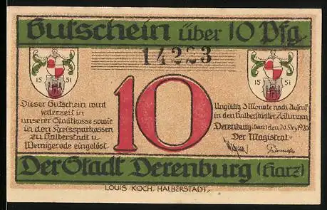 Notgeld Derenburg /Harz 1920, 10 Pfennig, Blick auf die Harzberge, Wappen, Gutschein