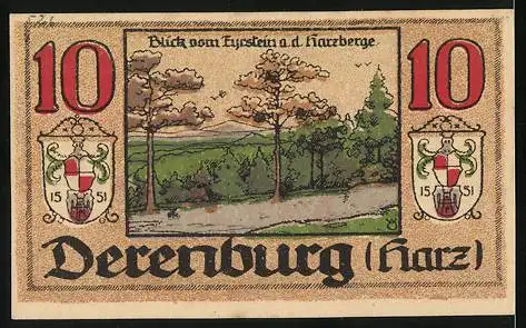 Notgeld Derenburg /Harz 1920, 10 Pfennig, Blick auf die Harzberge, Wappen, Gutschein