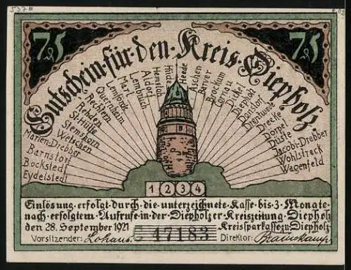 Notgeld Diepholz 1921, 75 Pfennig, Sau mit Ferkeln, Schweinezucht, Gutschein