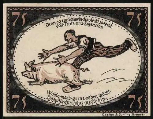 Notgeld Diepholz 1921, 75 Pfennig, Bauer will ein Schwein fangen, Gutschein