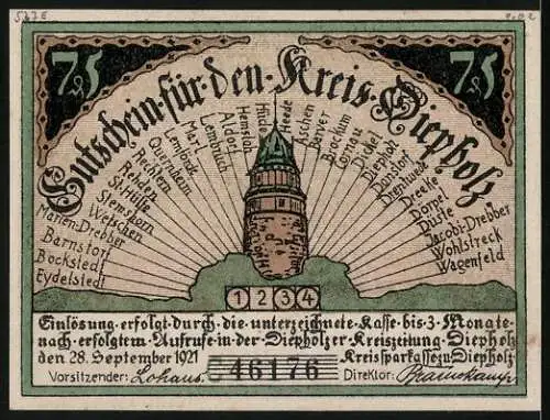 Notgeld Diepholz 1921, 75 Pfennig, Bauer will ein Schwein fangen, Gutschein