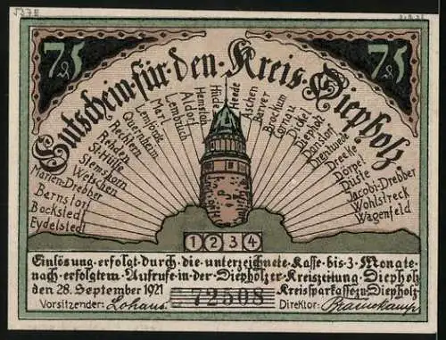 Notgeld Diepholz 1921, 75 Pfennig, Bauer zieht am Schwänzlein des Schweins, Gutschein