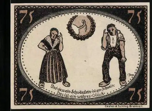 Notgeld Diepholz 1921, 75 Pfennig, Paar betrachtet das Schwänzlein des Schweines, Gutschein
