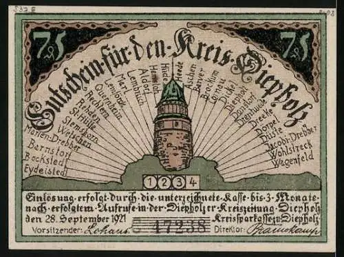 Notgeld Diepholz 1921, 75 Pfennig, Paar betrachtet das Schwänzlein des Schweines, Gutschein