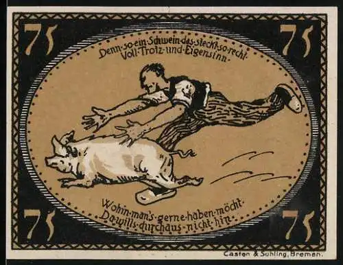 Notgeld Diepholz 1921, 75 Pfennig, Bauer will ein Schwein fangen, Gutschein