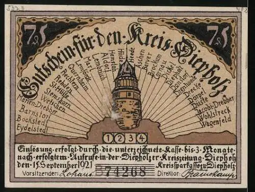 Notgeld Diepholz 1921, 75 Pfennig, Bauer zieht am Schwänzlein des Schweines, Gutschein