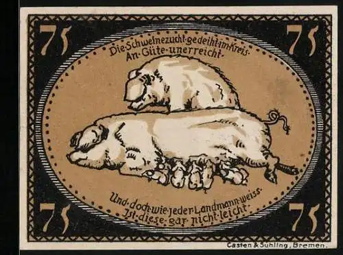 Notgeld Diepholz 1921, 75 Pfennig, Sau mit Ferkeln, Schweinezucht, Gutschein