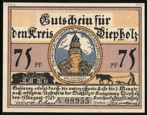 Notgeld Diepholz 1921, 75 Pfennig, Schloss zu Diepholz, Bauer mit Schwein und Gans, Gutschein