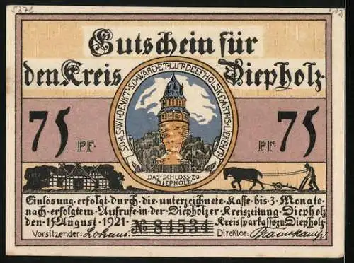 Notgeld Diepholz 1921, 75 Pfennig, Schloss zu Diepholz, Bauer mit Schwein und Gans, Gutschein