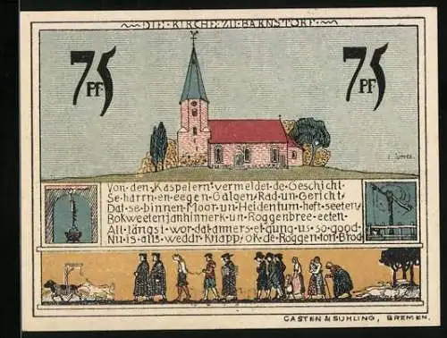 Notgeld Diepholz 1921, 75 Pfennig, Kirche zu Barnstorf, Wappen, Gutschein