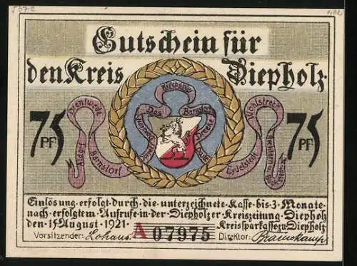 Notgeld Diepholz 1921, 75 Pfennig, Kirche zu Barnstorf, Wappen, Gutschein