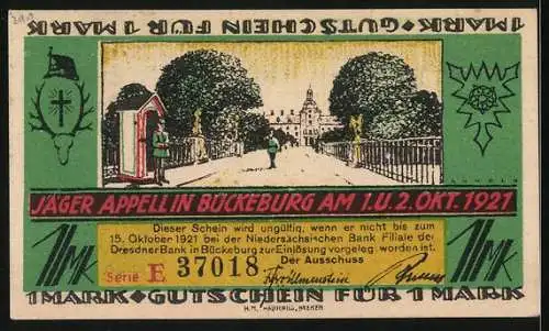 Notgeld Bückeburg 1921, 1 Mark, Bauer bei der Feldarbeit, Jäger Appell am 1. u. 2. Okt. 1921, Gutschein