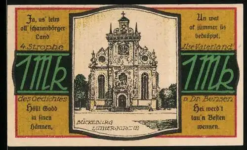 Notgeld Bückeburg 1921, 1 Mark, Lutherkirche, Jäger Appell am 1. u. 2. Okt. 1921, Gutschein