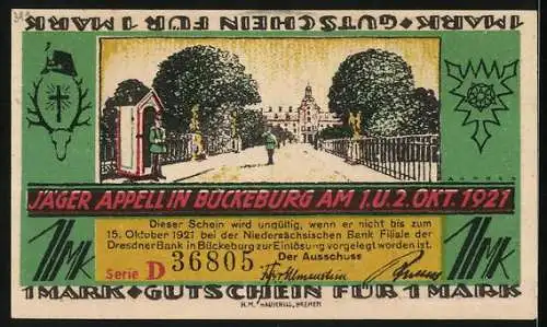 Notgeld Bückeburg 1921, 1 Mark, Lutherkirche, Jäger Appell am 1. u. 2. Okt. 1921, Gutschein