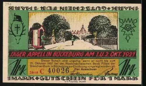 Notgeld Bückeburg 1921, 1 Mark, Schloss Ahrensburg, Jäger Appell am 1. u. 2. Okt. 1921, Gutschein