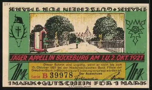 Notgeld Bückeburg 1921, 1 Mark, Ortsansicht, Jäger Appell am 1. u. 2. Okt. 1921, Gutschein