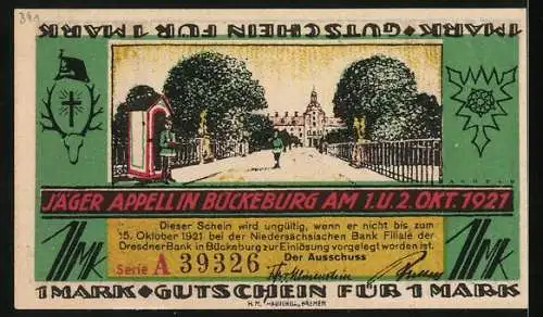 Notgeld Bückeburg 1921, 1 Mark, Rathaus, Jäger Appell am 1. u. 2. Okt. 1921, Gutschein