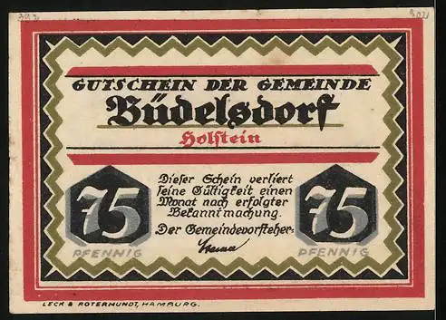 Notgeld Büdelsdorf /Holstein, 75 Pfennig, Turnhalle mit Jugendheim, Haushaltungs- u. Fortbildungsschule, Gutschein