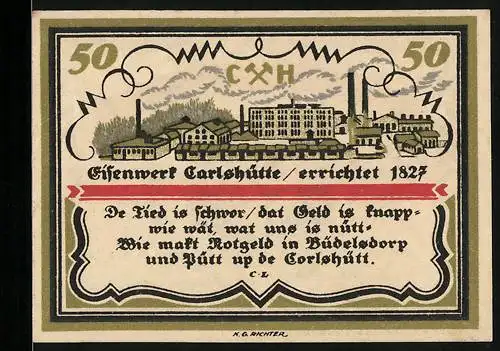 Notgeld Büdelsdorf /Holstein, 50 Pfennig, Eisenwerk Carlshütte, Gutschein