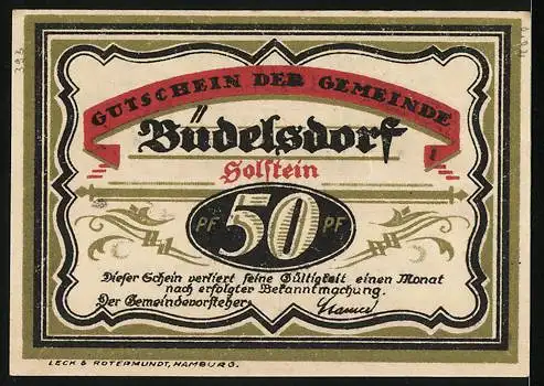 Notgeld Büdelsdorf /Holstein, 50 Pfennig, Eisenwerk Carlshütte, Gutschein