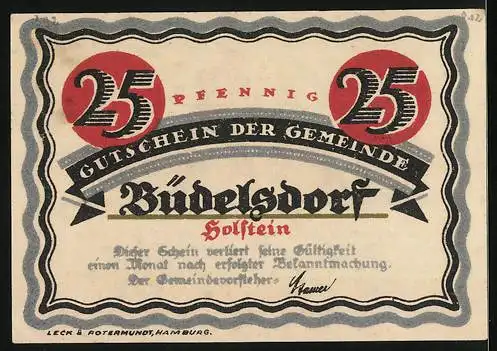 Notgeld Büdelsdorf /Holstein, 25 Pfennig, Scharfrichter um 1350, Gutschein