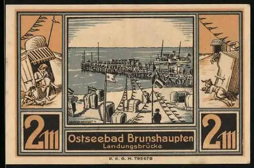 Notgeld Brunshaupten /Ostsee, 2 Mark, Landungsbrücke, Bäuerin beim Melken