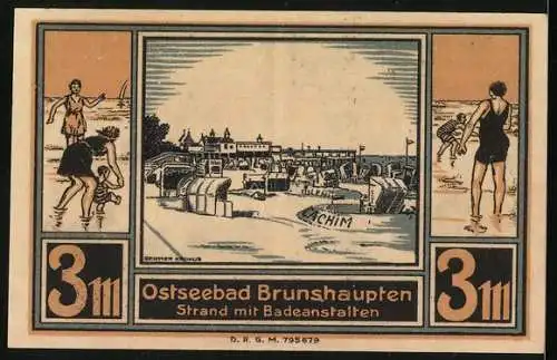 Notgeld Brunshaupten /Ostsee, 3 Mark, Strand mit Badeanstalten, Bäuerin beim Melken