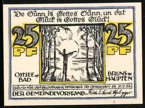 Notgeld Brunshaupten /Ostsee 1922, 25 Pfennig, Fischer auf See, Aufgehende Sonne