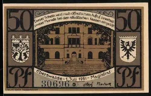 Notgeld Eberswalde 1921, 50 Pfennig, Eberswalder Spritzkuchen, Gesundbrunnen, Wappen