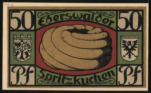 Notgeld Eberswalde 1921, 50 Pfennig, Eberswalder Spritzkuchen, Gesundbrunnen, Wappen