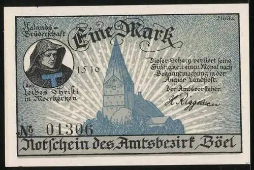 Notgeld Böel, 1 Mark, Volkshochschule und Kirche