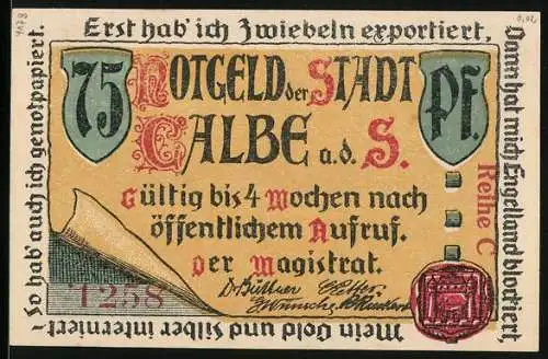 Notgeld Calbe a. d. S., 75 Pfennig, Stephani-Kirche und Roland