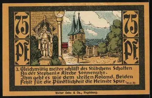 Notgeld Calbe a. d. S., 75 Pfennig, Stephani-Kirche und Roland