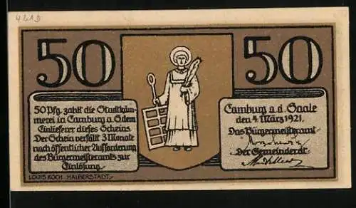 Notgeld Camburg a. d. Saale 1921, 50 Pfennig, Ortsansicht aus der Vogelschau