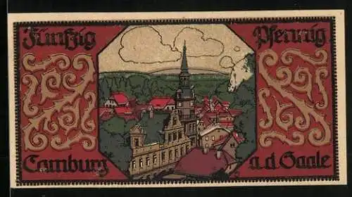 Notgeld Camburg a. d. Saale 1921, 50 Pfennig, Ortsansicht aus der Vogelschau