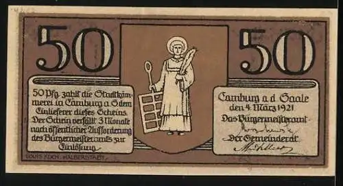 Notgeld Camburg a. d. Saale 1921, 50 Pfennig, Ortsansicht aus der Vogelschau