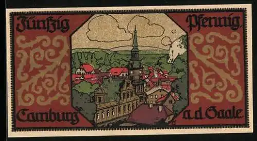Notgeld Camburg a. d. Saale 1921, 50 Pfennig, Ortsansicht aus der Vogelschau