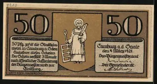 Notgeld Camburg a. d. Saale 1921, 50 Pfennig, Ortsansicht aus der Vogelschau