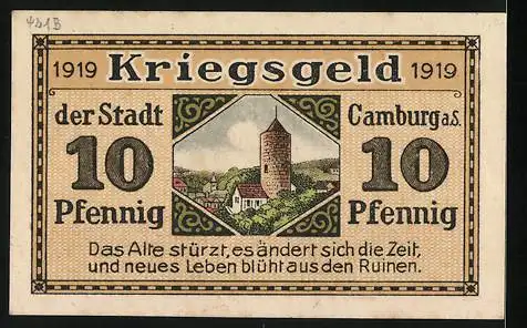 Notgeld Camburg a. S. 1919, 10 Pfennig, Ortspartie mit Turm