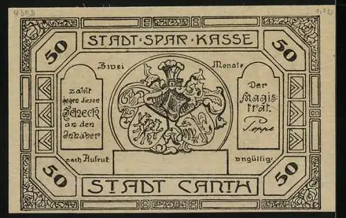 Notgeld Canth, 50 Pfennig, Rathaus, Wappen