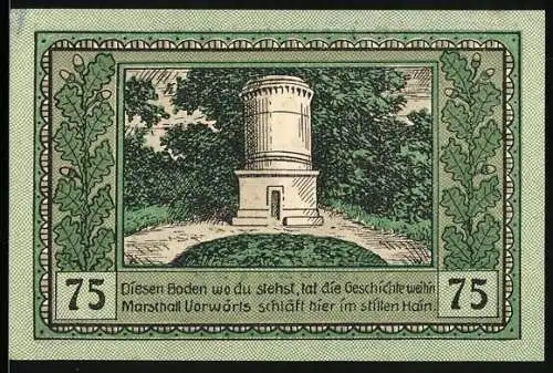 Notgeld Canth, 75 Pfennig, Denkmal Marschall Vorwärts und Wappen