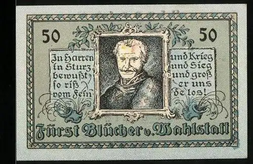 Notgeld Canth, 50 Pfennig, Bildnis Fürst Blücher v. Wahlstatt, Wappen
