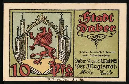 Notgeld Daber i. Pom. 1921, 10 Pfennig, Bildnis einer Bäuerin mit Harke, Wappen