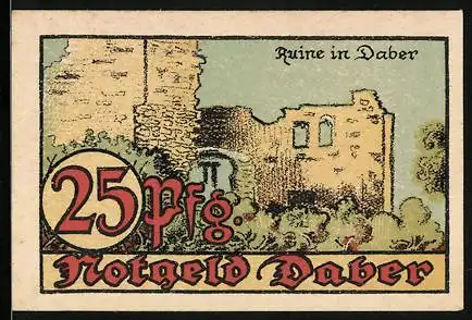 Notgeld Daber i. Pom. 1921, 25 Pfennig, Ruine in Daber, Wappen