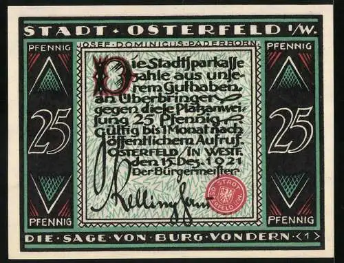Notgeld Osterfeld i. W. 1921, 25 Pfennig, Sage von Burg Vondern, Männer stehen am Kamin